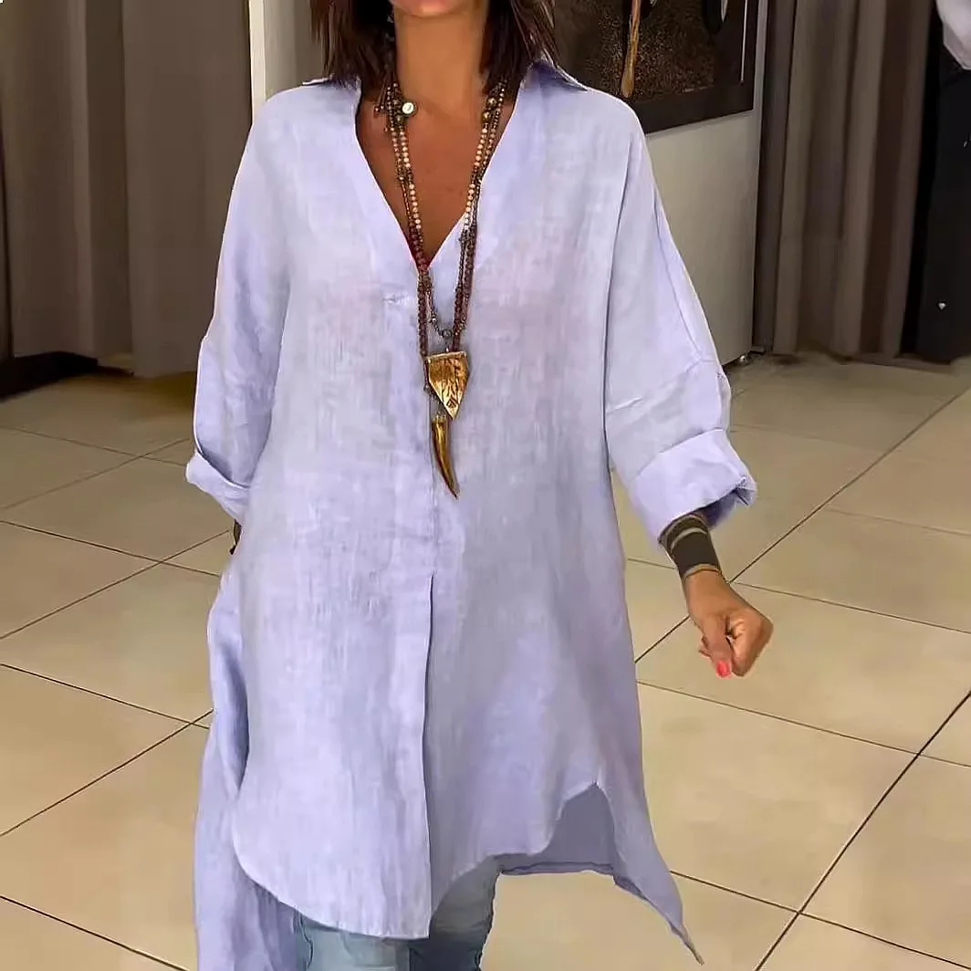 Casual Loose Linen Shirt Dress - เสื้อเชิ้ตเดรสผ้าลินินสำหรับผู้หญิง ทรงหลวม ใส่สบาย เหมาะสำหรับฤดูใบไม้ผลิและฤดูร้อน