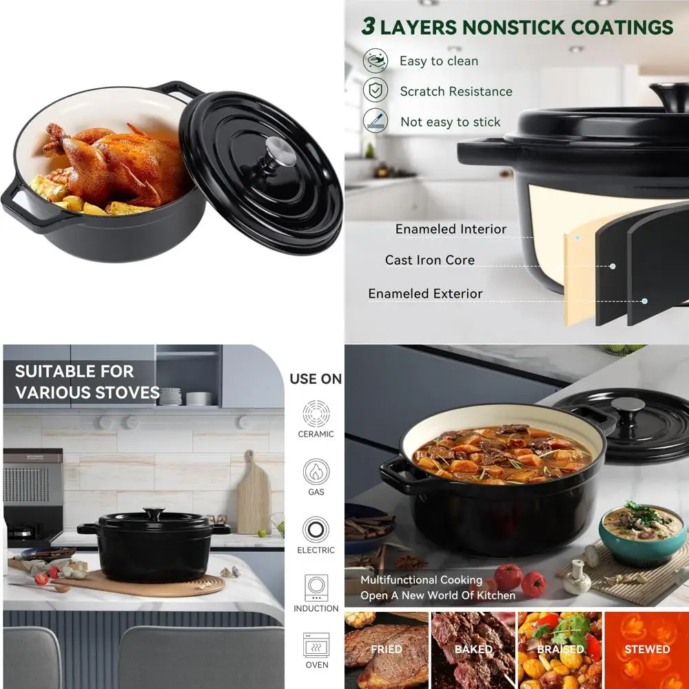 

Non-stick 6.5 Quart Cast Iron Dutch Oven Pot with Lid, Perfect for Bread Baking and Cooking, Dual Handles, Enamel Coated
