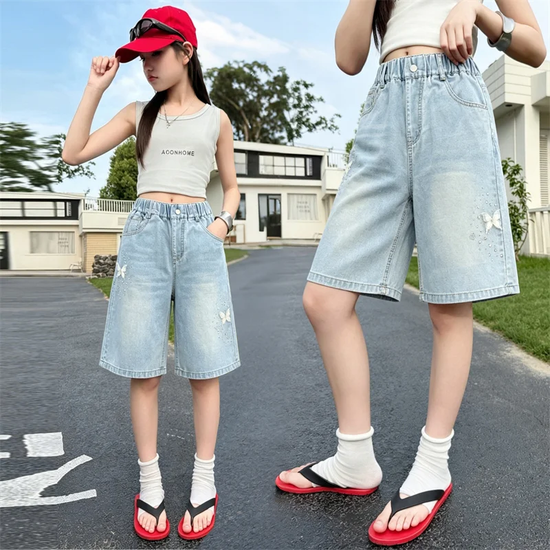 Kids Child New Summer Butterfly Knee-Length Shorts for Tweens Girls Goth Hip Hop Pocket High Waist Thin Capris Blue Short Jeans