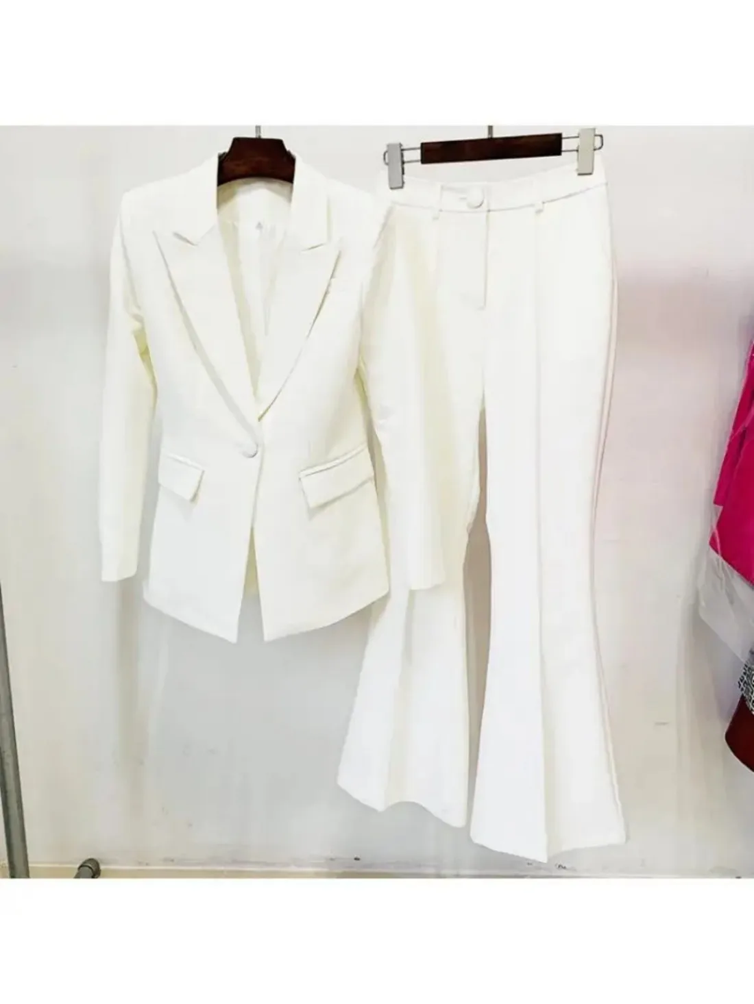 Summer Fashion Business Wear Fashion Elegant One Button Suit And Flared Trousers Pants Sets For Women 2 Pieces Casual Customized
