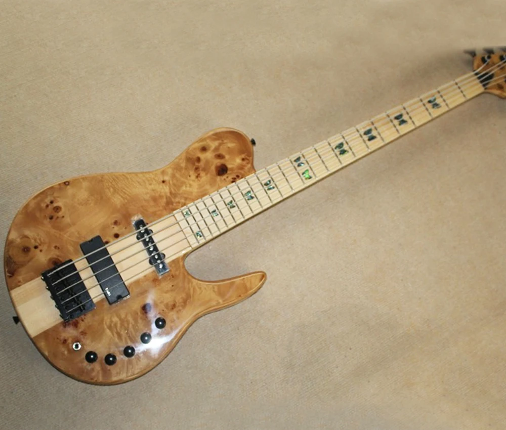 5 Strings Neck-thru-body Electric Bass with Butterfly Inlay,Burl Maple Veneer,Maple Fretboard