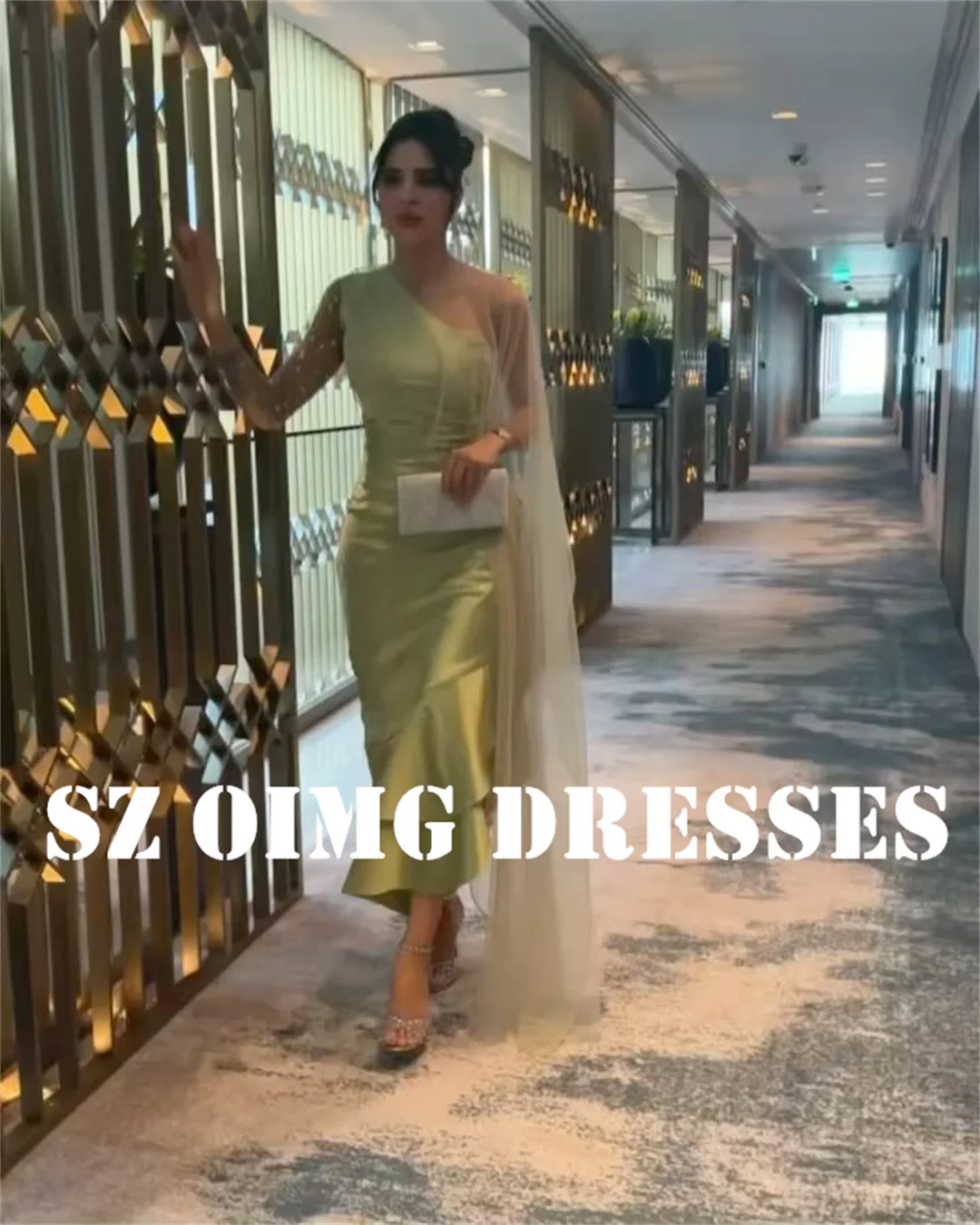 OIMG-vestido de noche verde de un hombro para mujer, traje de graduación de lujo, estilo árabe, escalonado, sirena, Espalda descubierta, Formal, nuevo diseño