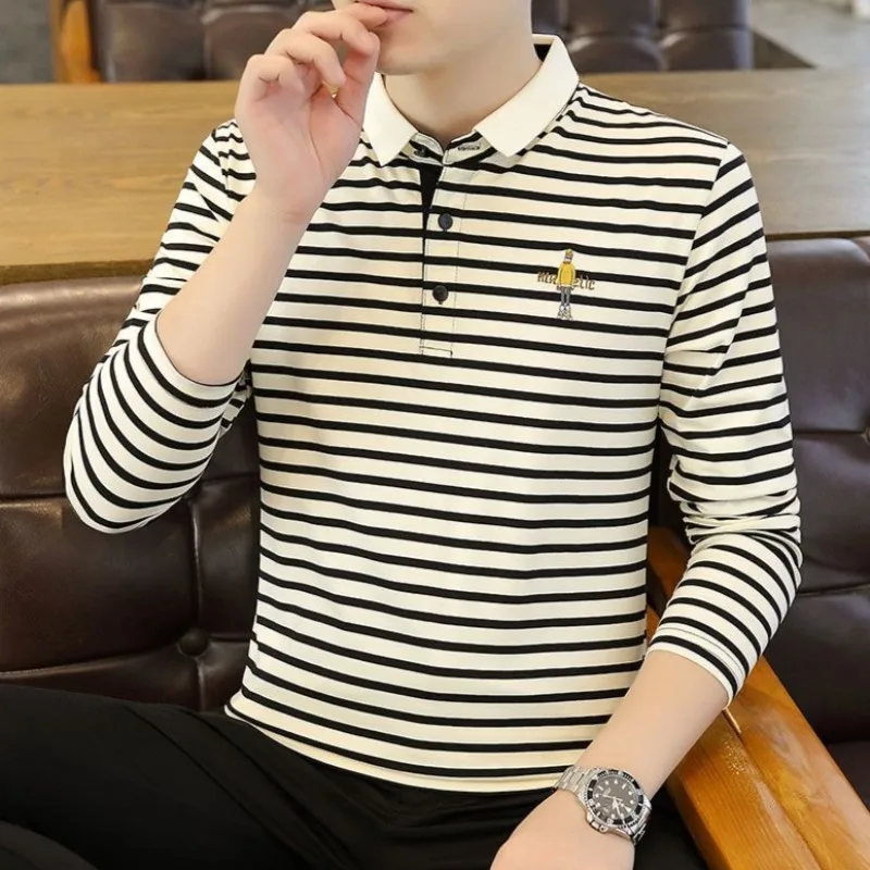 

Мужская новая весенне-осенняя полосатая рубашка-поло с отложным воротником и длинным рукавом, молодежная модная повседневная базовая модель ​ для повседневной носки ​