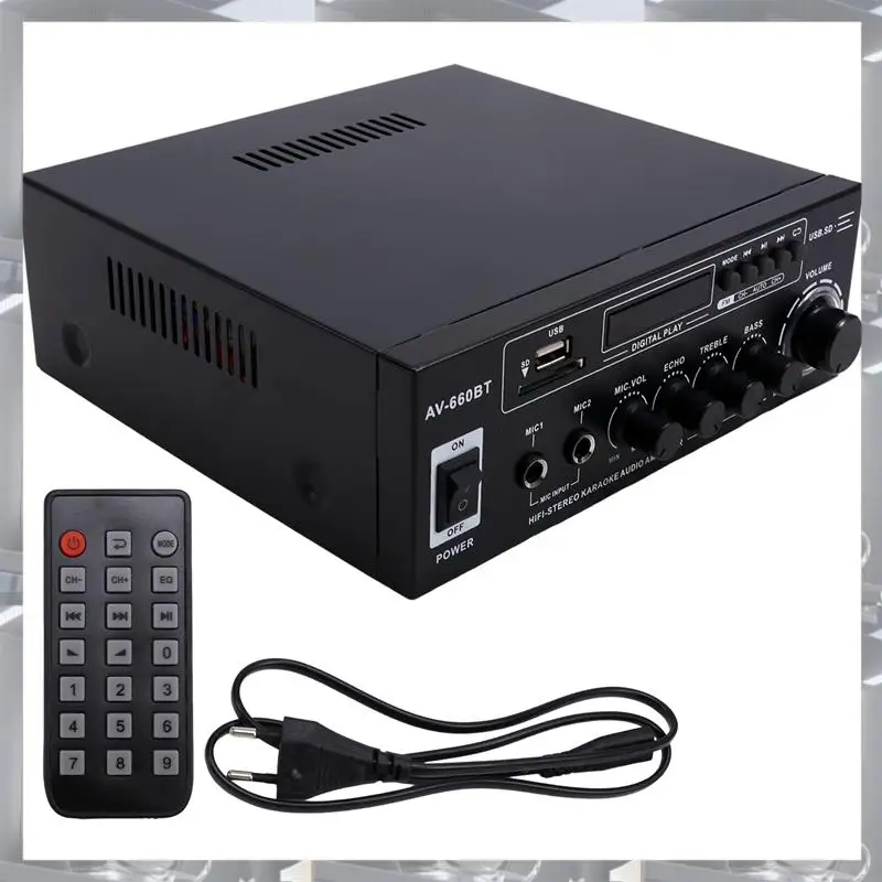 

AV-660BT Bluetooth Sound Amplifier Power Amplifier Support Bluetooth, FM Radio, USB, SD Card & Dual Mic Inputs