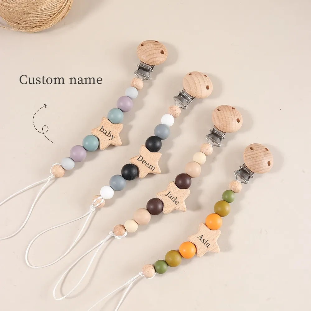 

Custom Name Silicone Pacifier Clip, wooden star engraving text baby dummy holder chain, silicone teether chain.