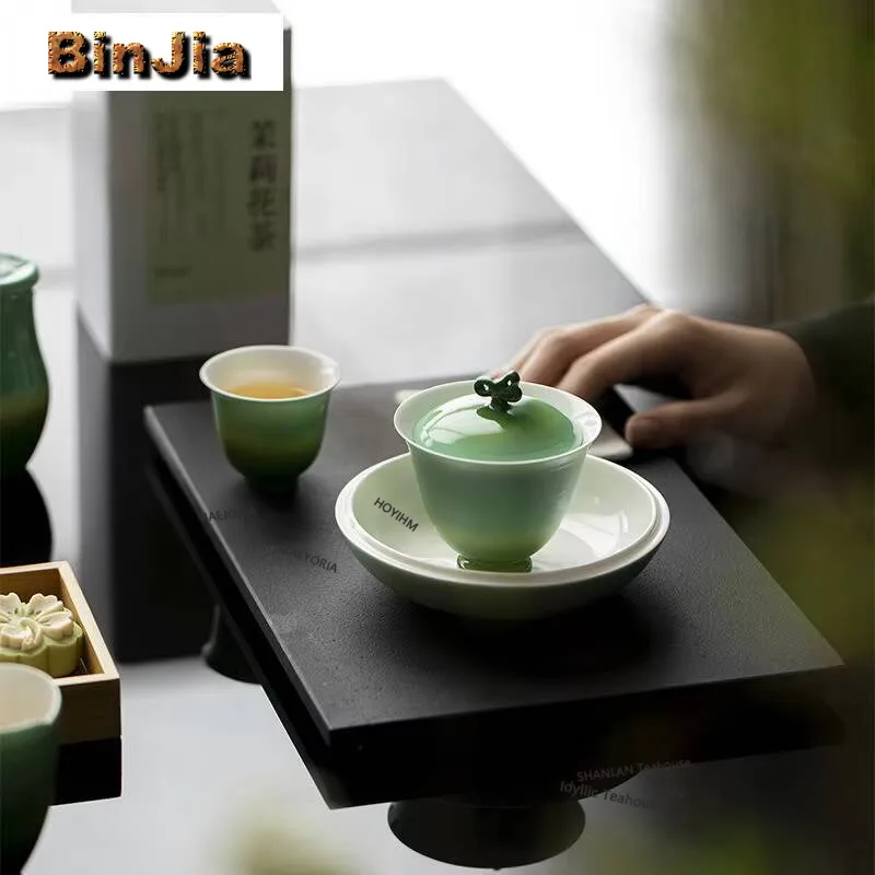 115ml Gradient Ramp Emerald Green Butterfly Knot Gaiwan Elegant Tea Tureen Tea Bowl With Lid Kit Tea Maker Cover Bowl Tableware