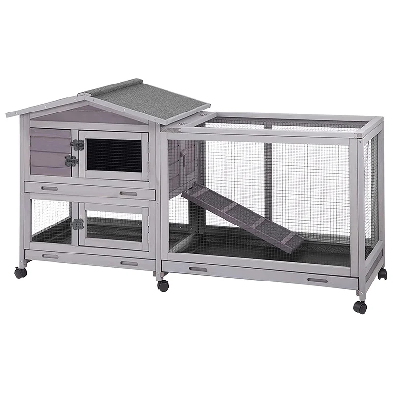 

Movable 2-floor Small Animals House Weatherproof Pet Cage Wooden Indoor Bunny Hutch on Wheels