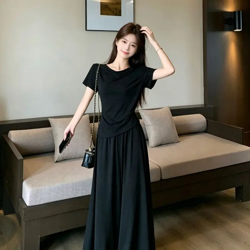 

2026 New Fashion Pure Color Slim Fit Short Sleeve T-Shirt And Elastic Waist Skirt Set Casual Style Seamless Splicing