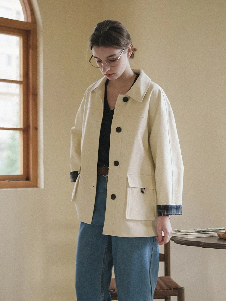 

MarchNoon Vintage Workwear Sle Long Coat Casual Commute Loose Fit Cotton 00% Anti-Wrinkle Color Blo Collarl Button up