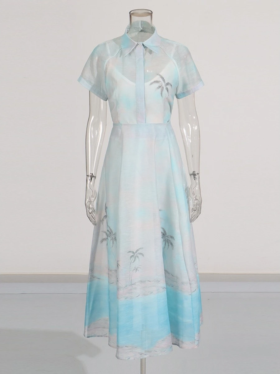 Women's ort Sve Printed irt V-Ne High Waist  Skirt Set Autumn Winter Faion Trendy Casual Comfortable Clothing