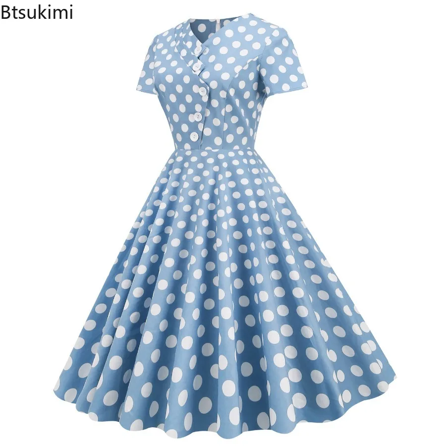 Robe Vintage à pois pour femmes, col asymétrique, grande jupe, manches courtes, coupe cintrée, couleur unie, rétro, été