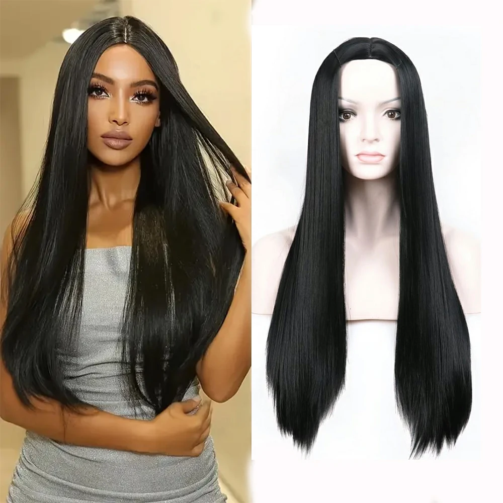 70cm Long Black Silky bone Straight Heat Resistant Synthetic Wigs with Middle Part bangs Glueless Ready To Wear women　Hair Wigs