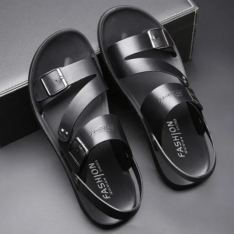 Fashion Men\'s Sandals Double Buckle Summer Men\'s Beach Shoes Outdoor Men\'s Leather Sandals Male Shoes Slippers Large Size 48