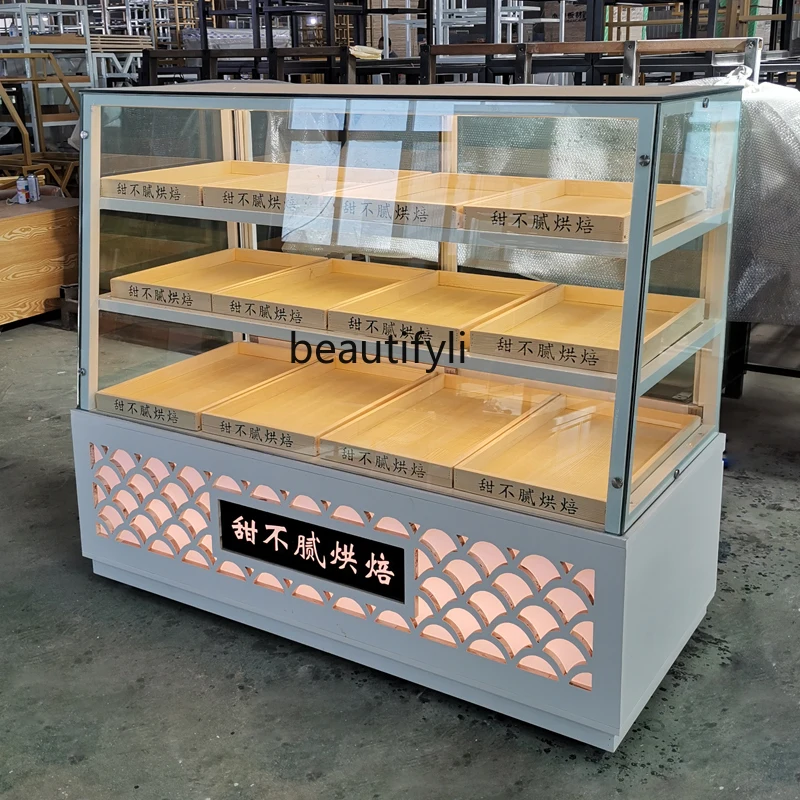 Pastry Walnut Sweet Cake Bread Shop Side Cabinet Corner Glass Cabinet Rear Door Solid Wood Arc Display Cabinet