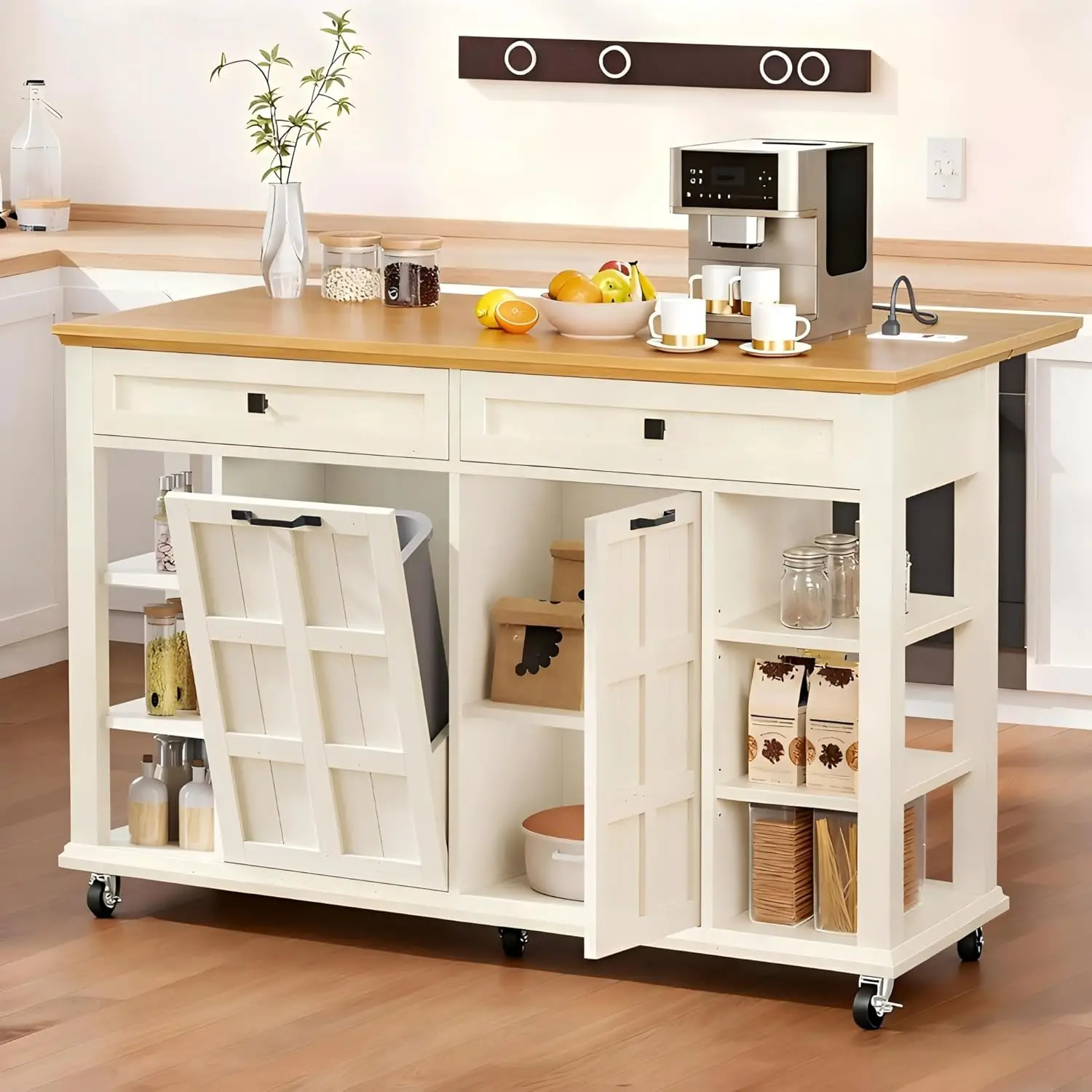 

Mobile Kitchen Island with Drop Leaf, Tilt-Out Trash Cabinet, Power Outlet & Wheels for Dining Room in Off White