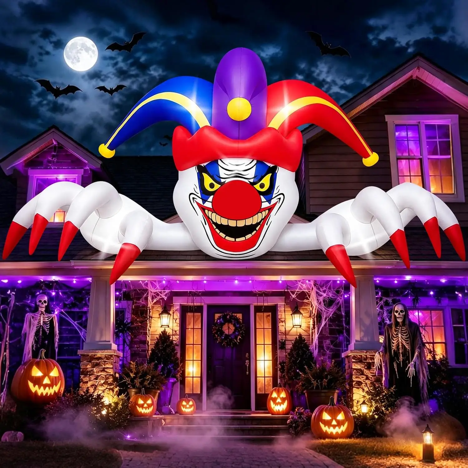 11FT Long Scary Clown Inflatable Halloween Yard Decoration with Built-In Lights - Blow Up Outdoor Clown for Rooftop, Balcony, Garden, Lawn, Indoor & Outdoor Use