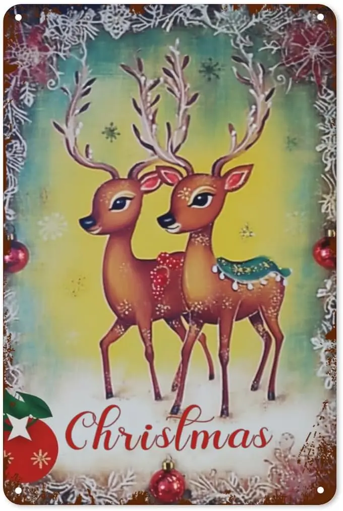 Festive Christmas Reindeer Metal Tin sign Holiday Vintage Wall Decoration Christmas themed retro plaque Tin sign 20.32 x 30.48 c