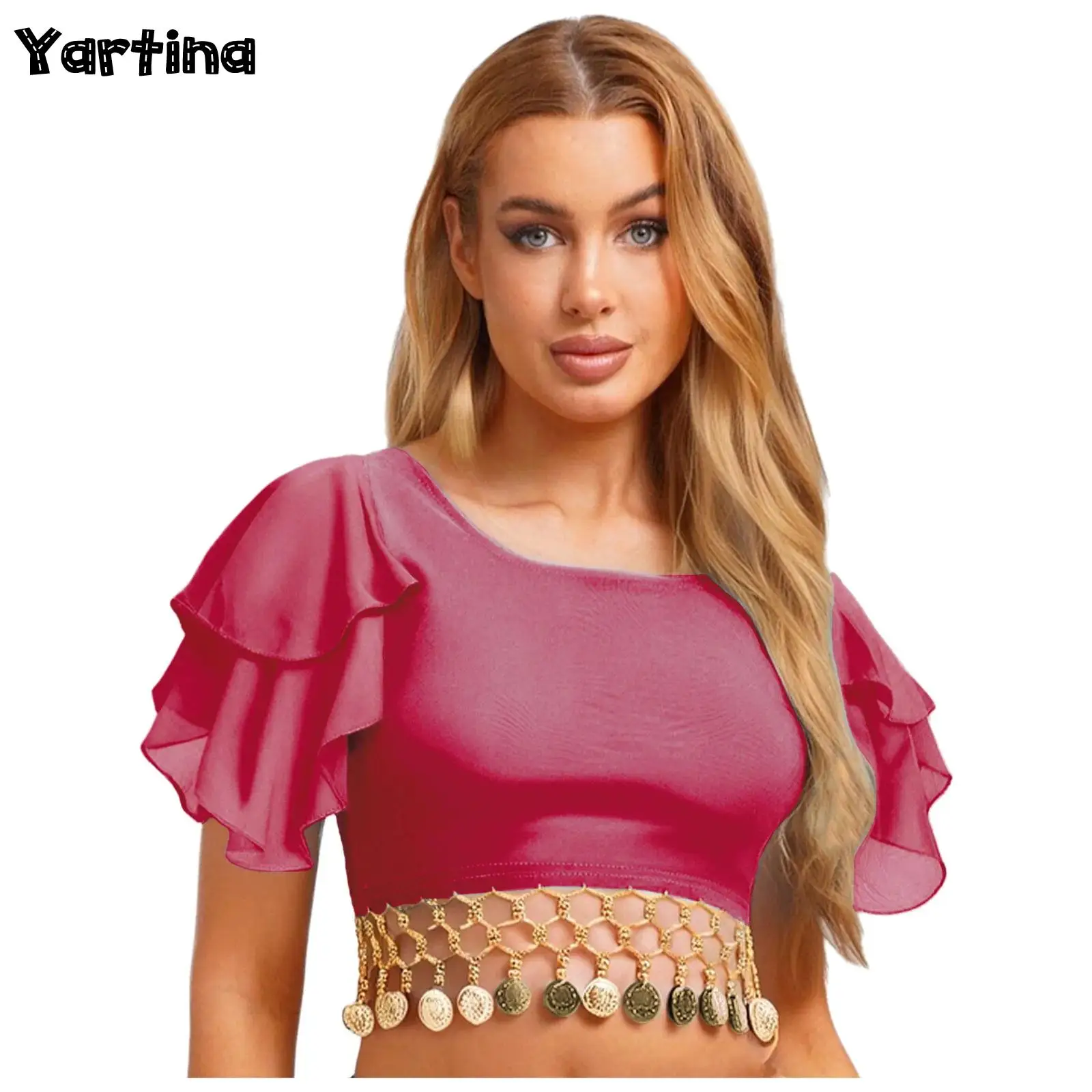 

Womens Belly Dance Crop Top Ethnic Dance Stage Performance Costume Tiered Lotus Sleeve Gold Tassel Pullover Blouses Crop T-shirt