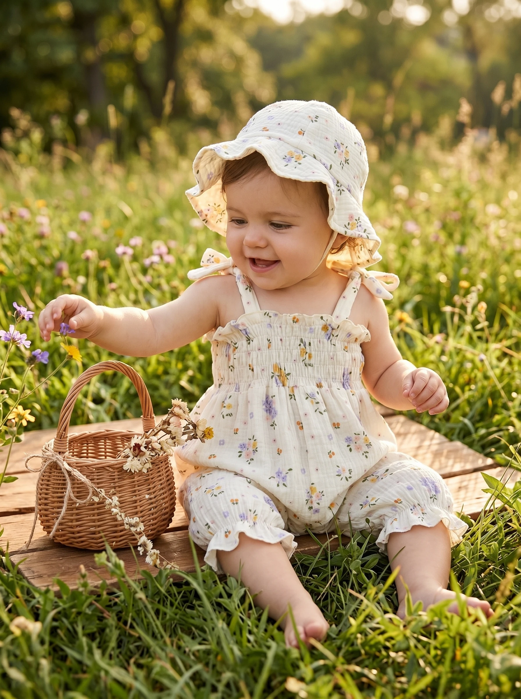 

Летний комбинезон для новорожденных девочек 0-2 года в пасторальном стиле с цветочным принтом, оборками по низу, без рукавов, из мягкого хлопка, в комплекте с панамкой от солнца