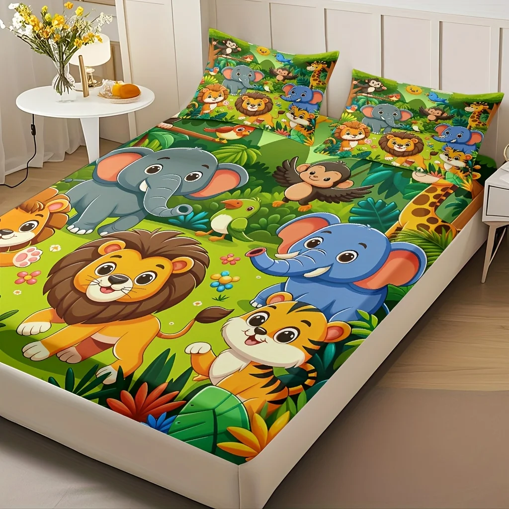 Animal Kingdom Themed Fitted Sheet Set, Mattress Protector, Breathable Polyester Material (Includes 1 Fitted Sheet + 2 Pillowcases), Fitted Elastic Mattress Protector, Protective Cover, Fitted Sheet Style, Mattress Protector, Fitted Bedding, Christmas Themed Bedding, Baby Bedding, Suitable for Nursery