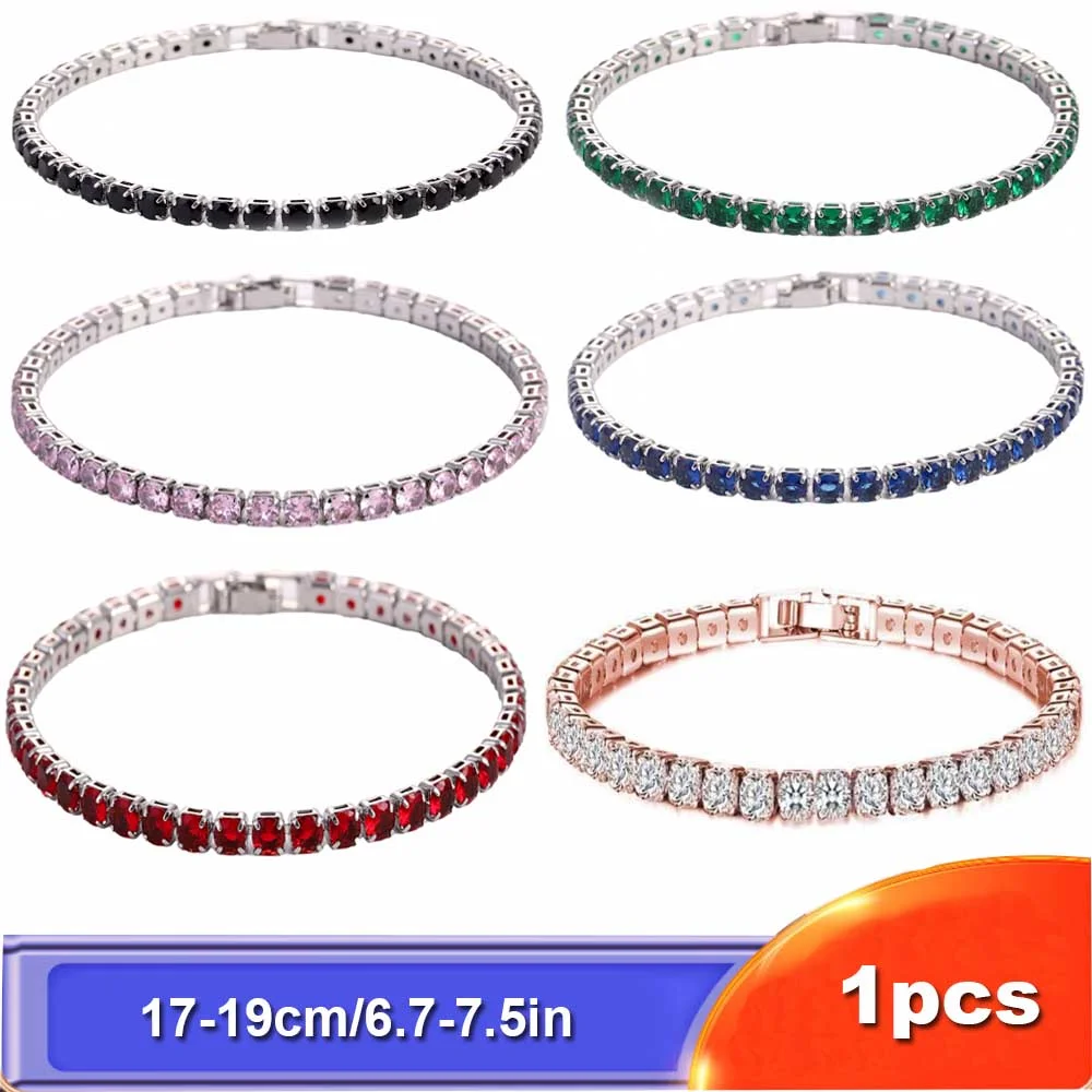 4 mm mehrfarbiges Tennis-Armband, 17/19 cm, funkelnde weiße vergoldete Kette, Geschenk-Unisex-Armband