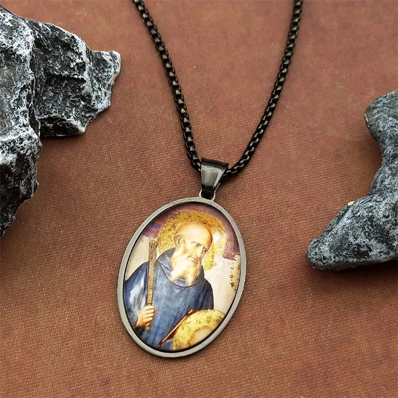 سانت بنديكت البيضاوي ميدالية قلادة قلادة للنساء الرجال الفولاذ المقاوم للصدأ الذهب اللون الكاثوليكية سان بينيتو تميمة مجوهرات هدية