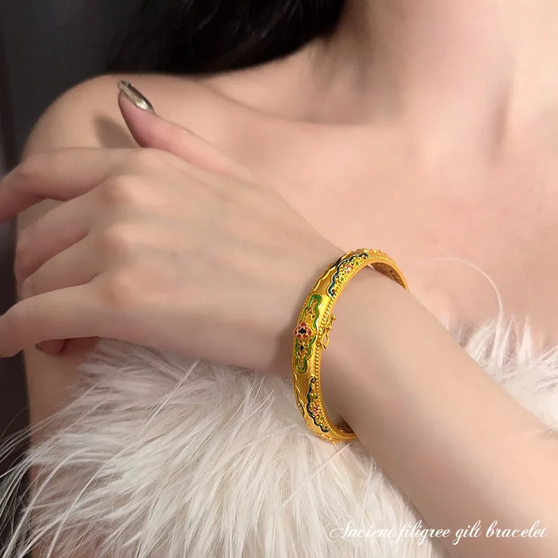 

Gold Shop Same Style 9999 24K Real Gold Women's Gold Bracelet with Open Buckle, Luxurious Blossoming, Wealthy Palace Style, Beau