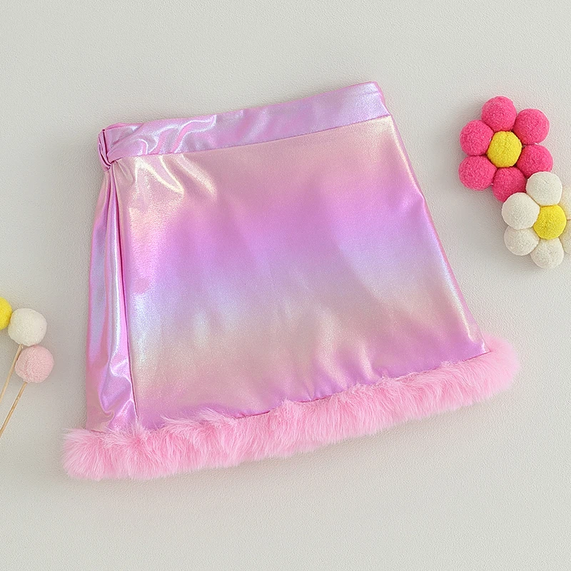 Kid Baby Girls Furry Hem Gradient A-line Skirt Elastic Waist Sparkly Shiny Half Dress Holographic Skirts