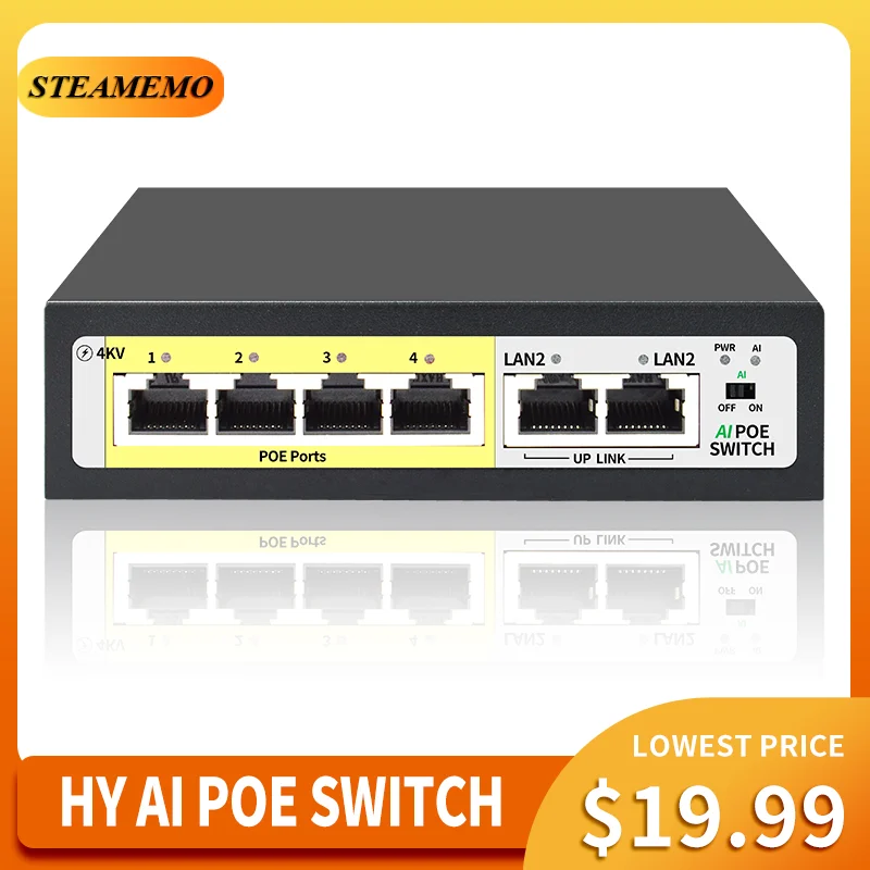 STEAMEMO HY Series 4 Port POE Switch 48V Active POE 52W Built-in Power Supply 100M Network Switch for IP Camera/Wireless AP