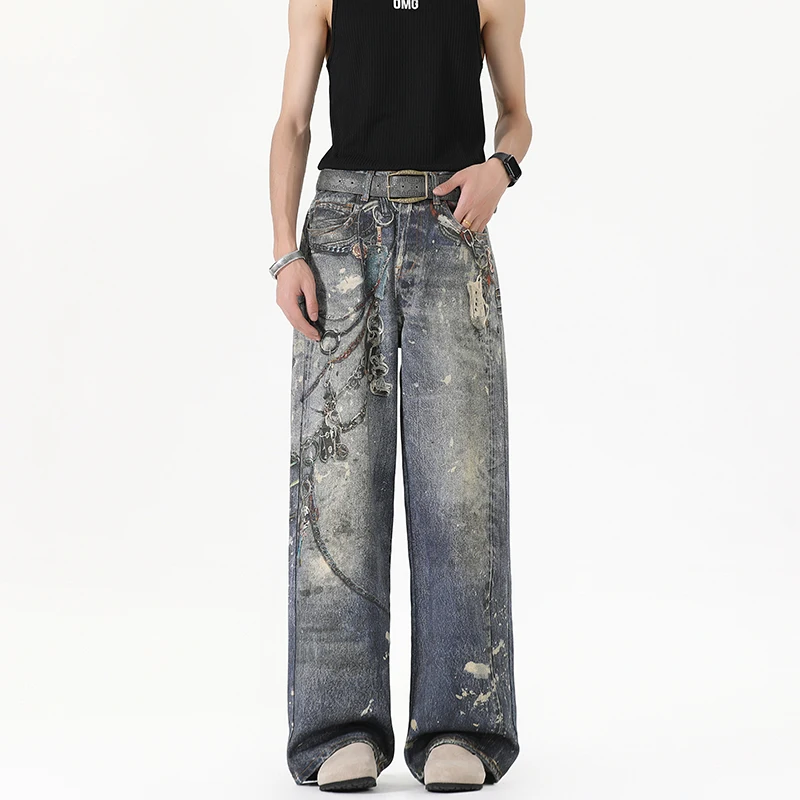 

2026 Новые мужские мешковатые джинсы с 3D цепочкой и принтом, весенние повседневные мешковатые прямые джинсовые брюки, женские уличные синие широкие брюки Y2K Jean
