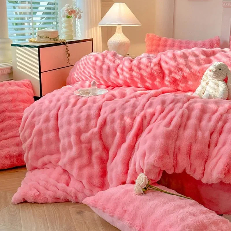 

2024 New Winter Thickened Milk Fleece Four-piece Set Rabbit Fleece Rabbit Lazy Rabbit Fleece 4-piece Set