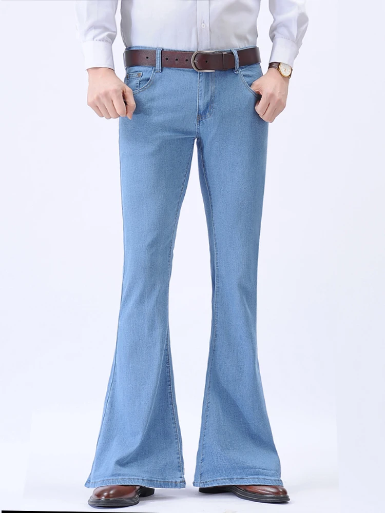 

Мужские джинсы с низкой талией, расклешенные, модные, облегающие, с широкими штанинами, из денима, повседневные, из хлопковой эластичной ткани, в городском стиле, весенняя коллекция