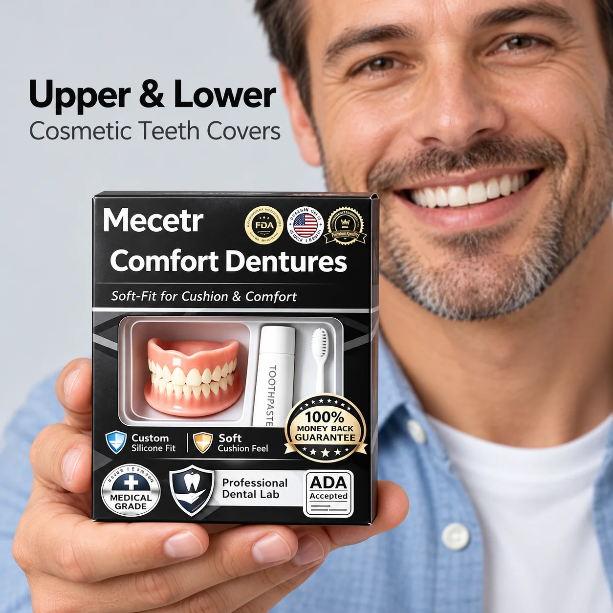 Upper And Lower Decorative Teeth Covers With A Full Coverage Design For Stage Styling And A White Tooth Design With Pink Gums
