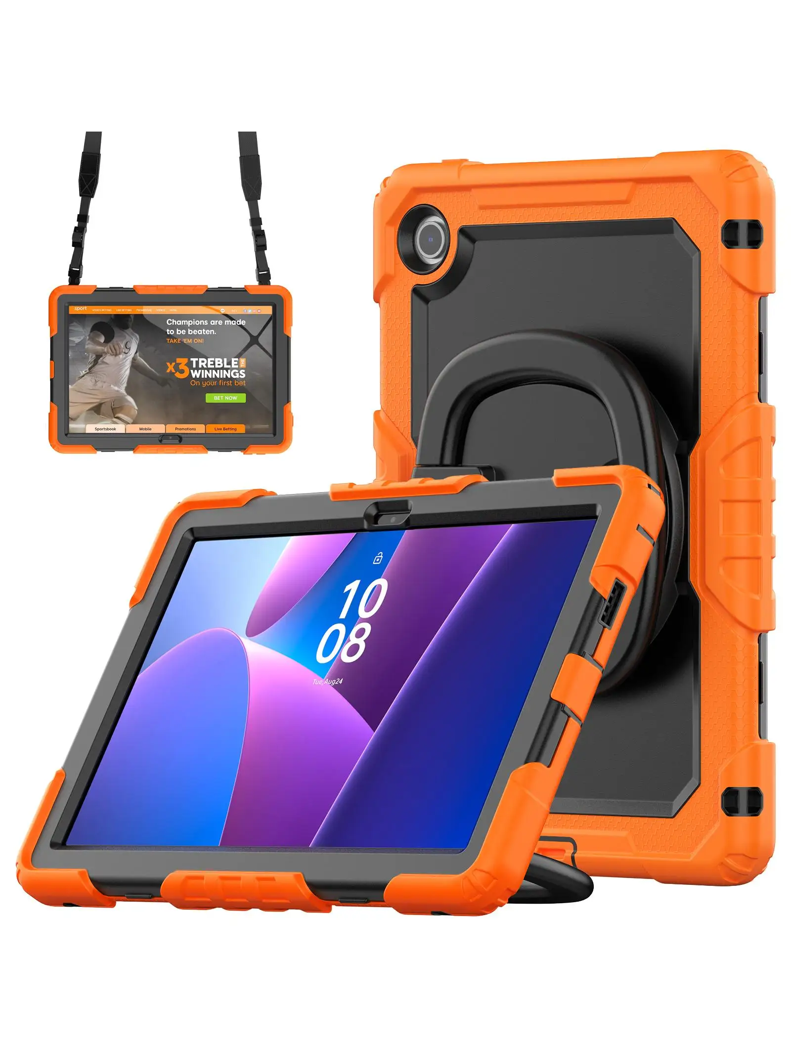 Voor Lenovo Tab 10.1 (2025) TB-311XU / Tab TB311FU standaardbehuizing pc + siliconen tablethoes met schouderriem - oranje - afbeelding 2