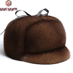 New Sale Luxury Winter Man Top Real Mink Fur Bomber Hat Male Genuine Marten Head Warm Black/Brown Caps Best Gift For Dad Gorras