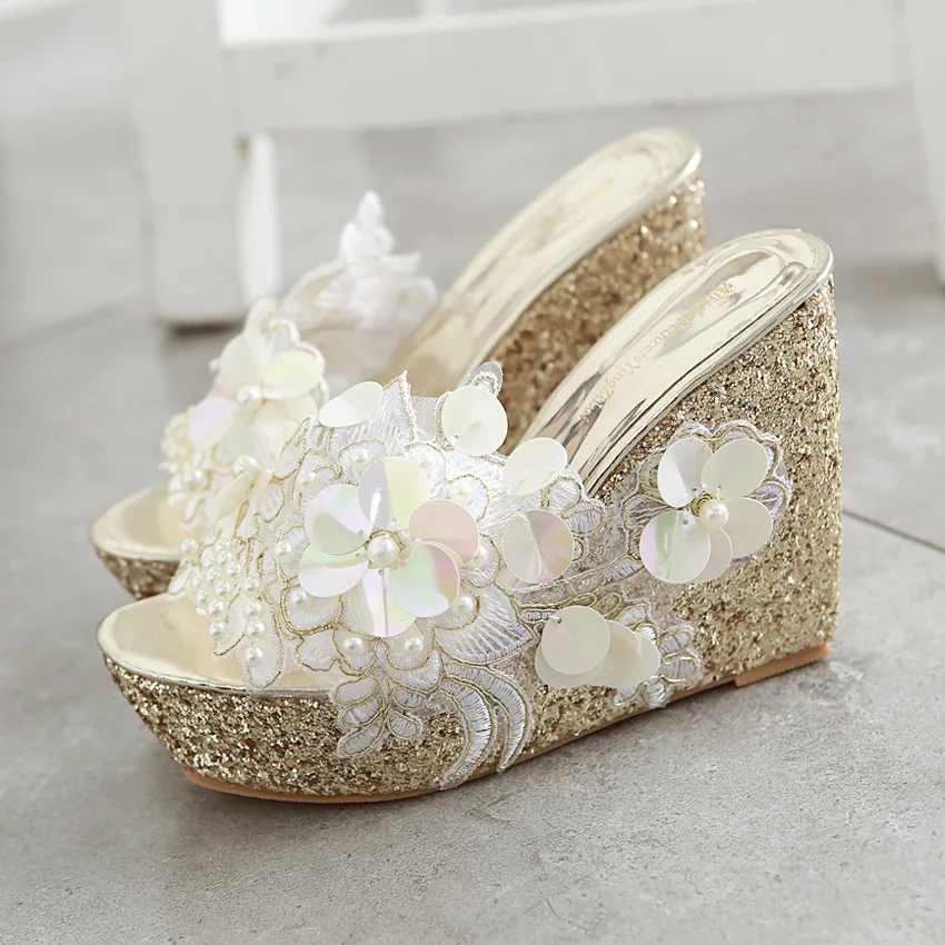 Platform Wedges Slippers High Heels Women\'s Summer Flower Decoration Sandals Fashion Silver Female Casual Gold Shoes Size 34-40