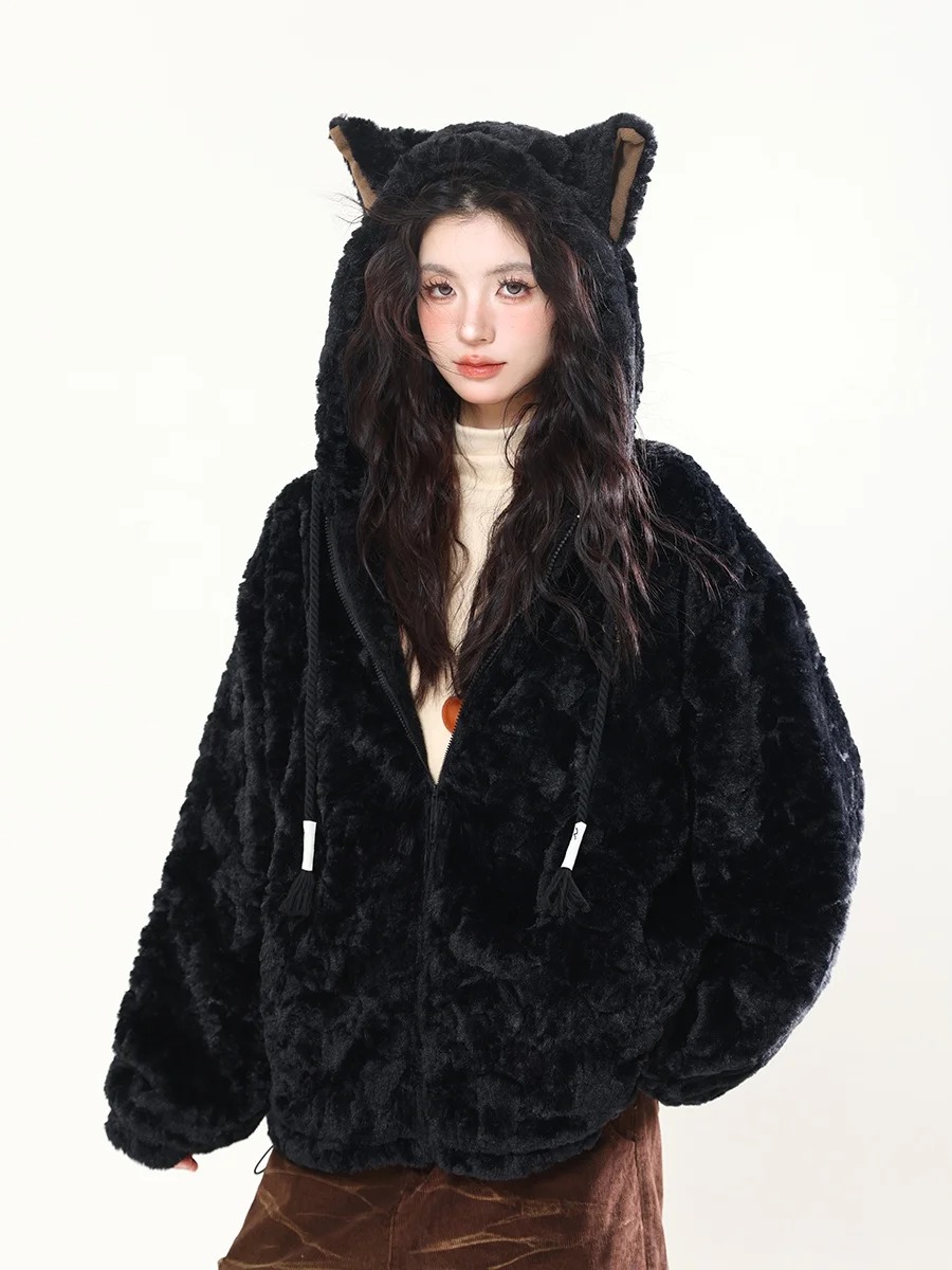 

Sweet Cute 3D Ear Hooded Cotton Jaet Women's Winter Thiened Warm Lamb Velvet Loose Fit Cotton Coat with Zipper for Young ...