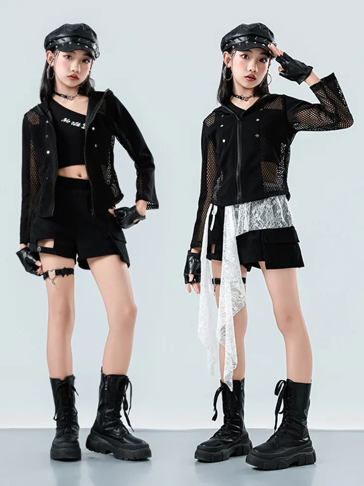 

Kid Kpop Hip Hop Clothing Black Mesh Zip up Short Hoodie Jacket Casual Pocket Shorts for Girls Street Jazz Dance Costume Clothes