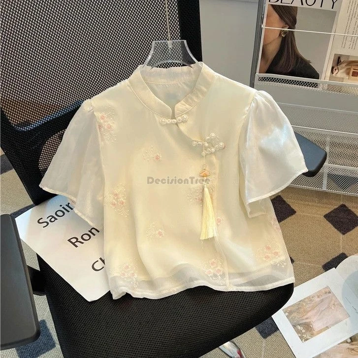 New Chinese-style National Pattern Buckle Shirt Improved Qipao Top With Tassel Women Summer Chiffon Embroidered Short Sleeve Top