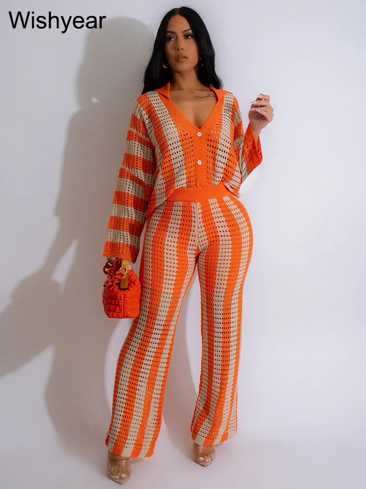 Fashion Blue Striped Knitted Crochet Two 2 Pieces Outfit Women Long Sleeve Tops and Wide Leg Pants Vacation Beach Birthday Suits