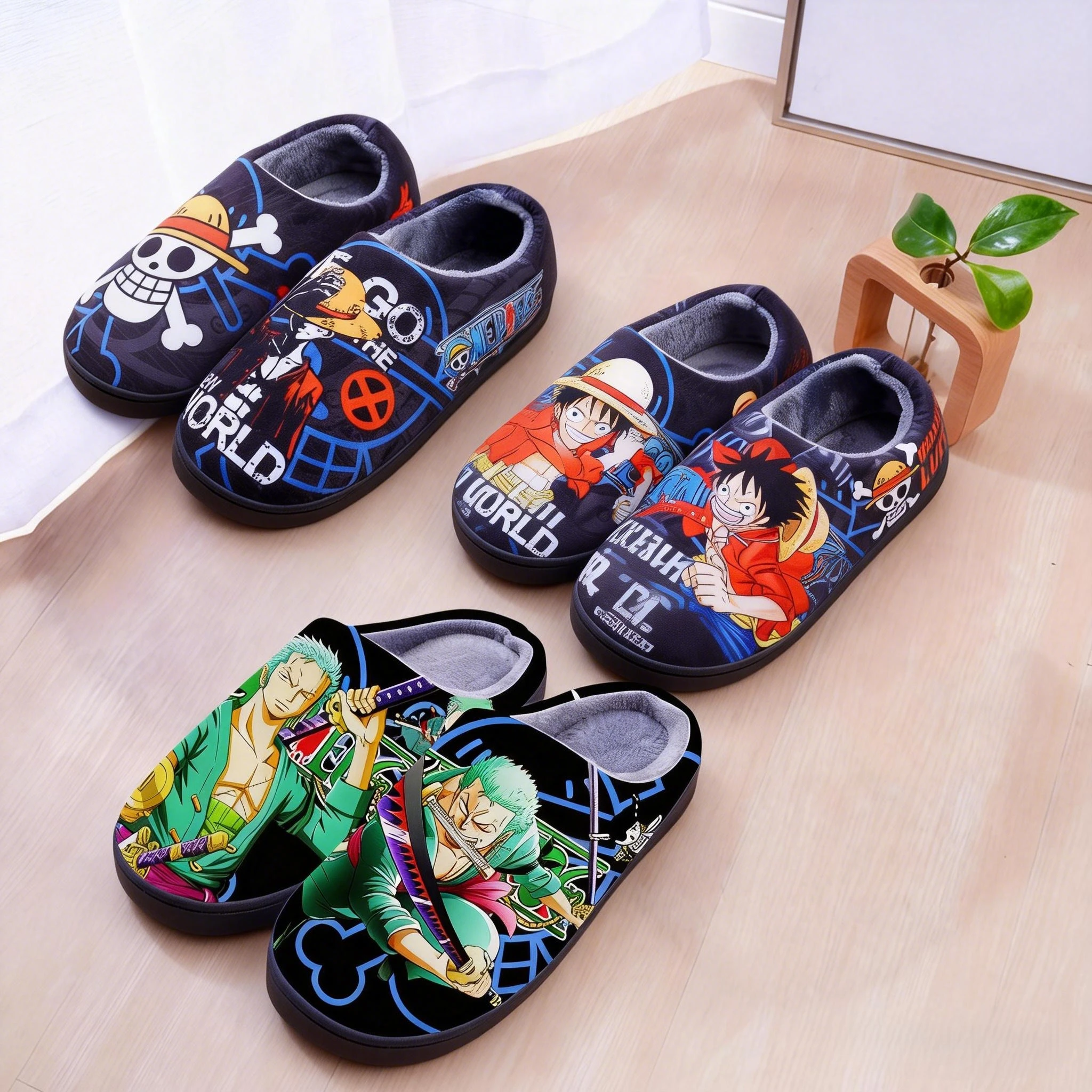 One Piece Winter Slippers - Luffy Roronoa Zoro Warm Non-Slip Comfort Soft Shoes,Home Bedroom Slipper,Anime One Piece Fans Gift