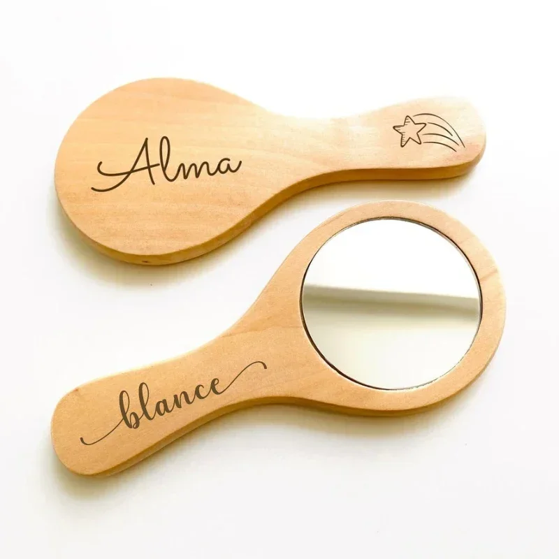 Free Personalized Wooden Hand Makeup Mirror Vanity Held Handle Round Mini Travel Mirrors Engraved Name Date Bridesmaids Gift