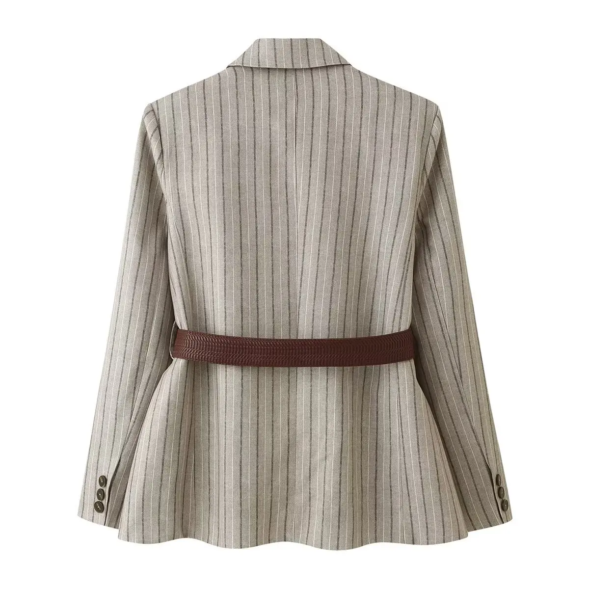 2026 Autumn Women's With Blet Vertical Stripes Print Blazer Boyfriend Vintage Women Front Pockets Loose Suit Fashion Coat