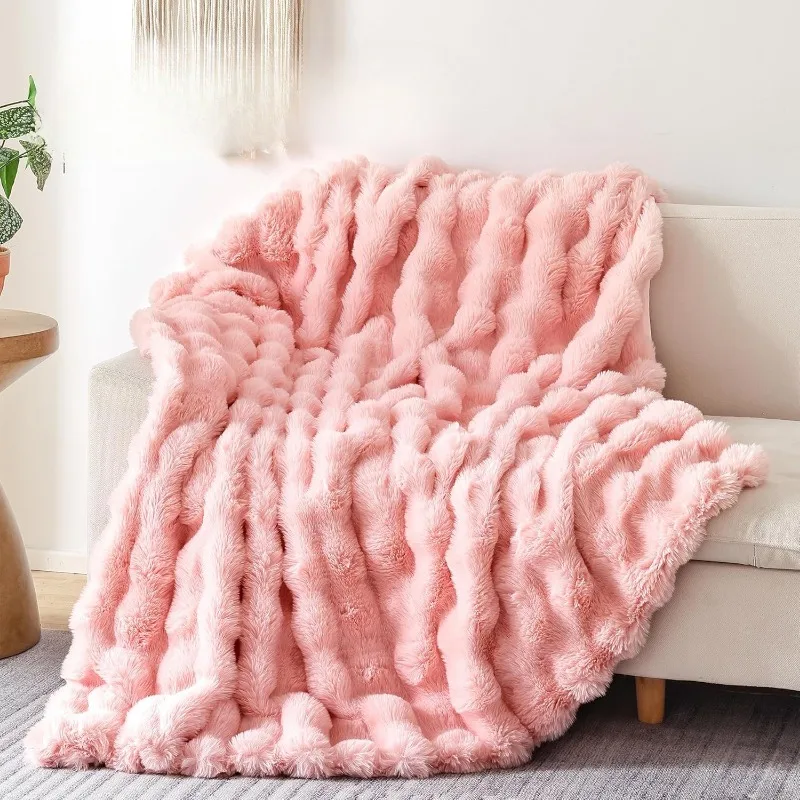بطانية فرو صناعي من صوف الأرنب - بطانية رقيقة وردية أحمر الخدود للأريكة، بطانية رمي قطيفة ناعمة مريحة لسرير الأريكة، فاخرة #2