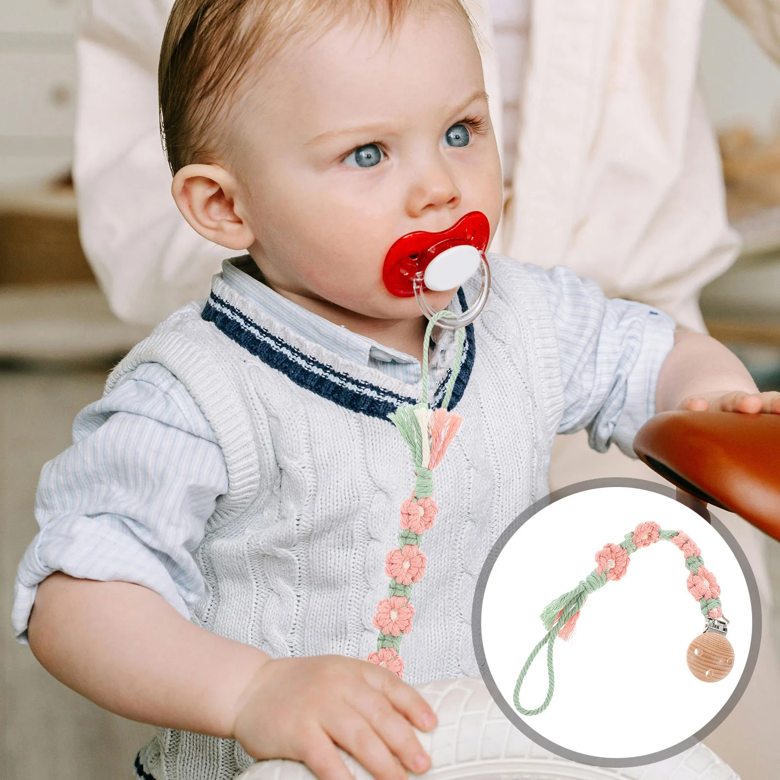 

Boho Pacifier Clips Floral Daisy Handmade Braided Cotton Rope Pacifier Holder Baby Girls Antiloss Stroller Teething Clip