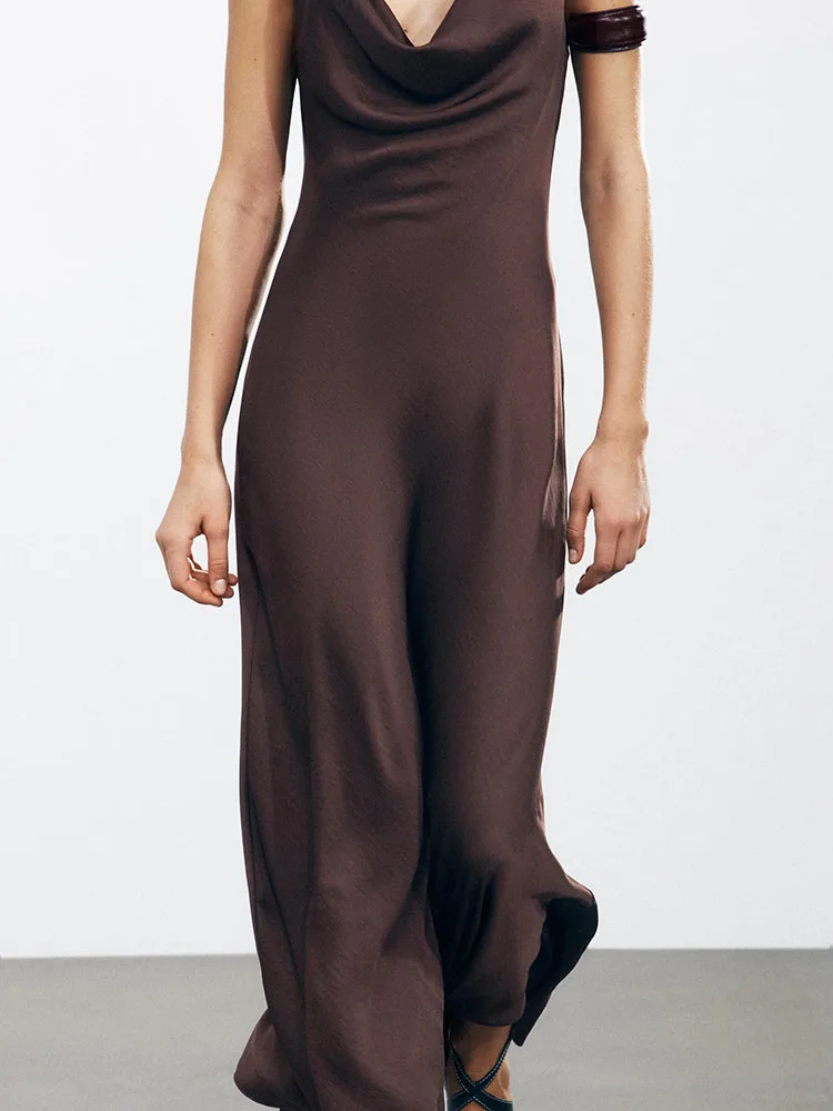 夏の新作セクシーな背中見せノースリーブシルクサテンロングドレス レディースファッション ギャザーウエストVネックAラインガウン