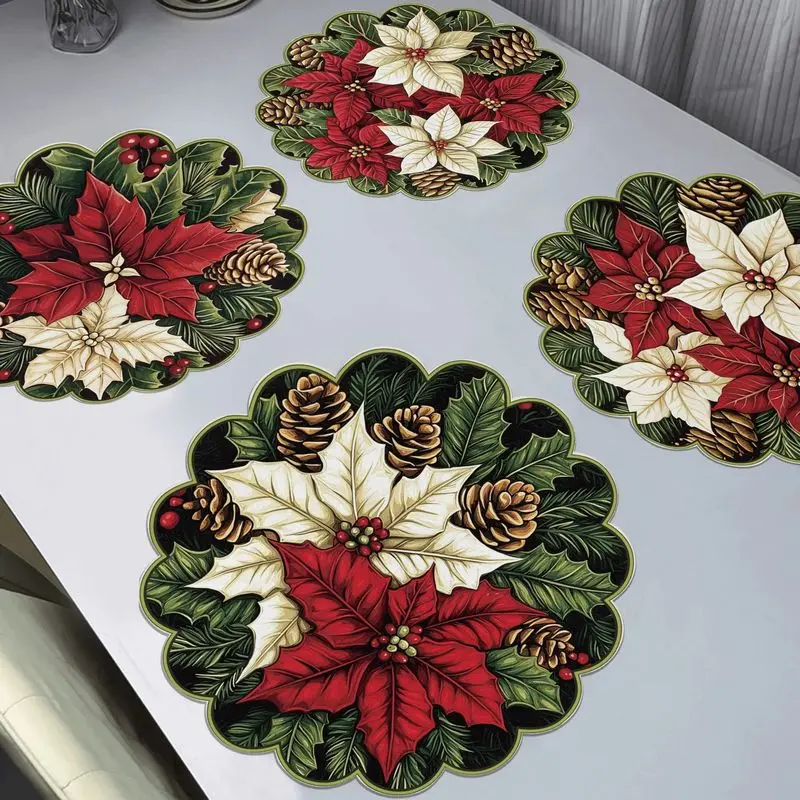 VIKAMA 2/4/6Pcs Christmas Linen Round Placemats Red White Poinsettia Pinecone Holly Berry Print Table Mats Xmas Party Home Decor