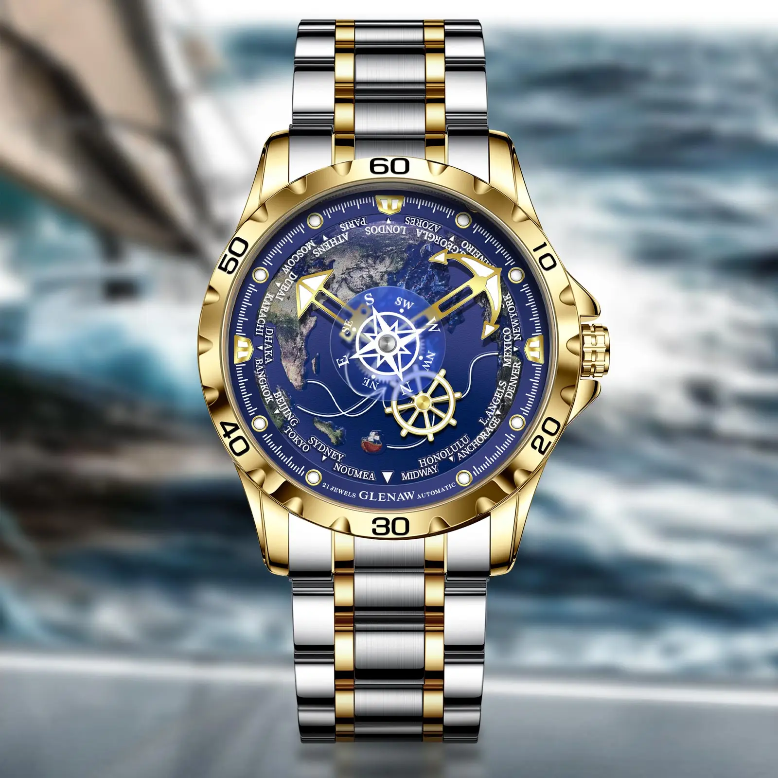 ساعة Glenaw Navigator Series ميكانيكية أوتوماتيكية بالكامل باللون الذهبي والفضي ثنائي اللون وساعة كاجوال راقية