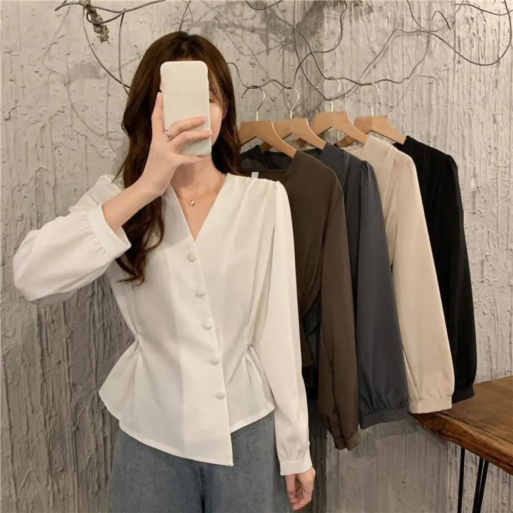 Camicie a maniche lunghe con scollo a V chic Camicia a maniche lunghe slim fit con maniche a sbuffo in vita Irregolare Autunno Primavera Ufficio Top da donna Donna