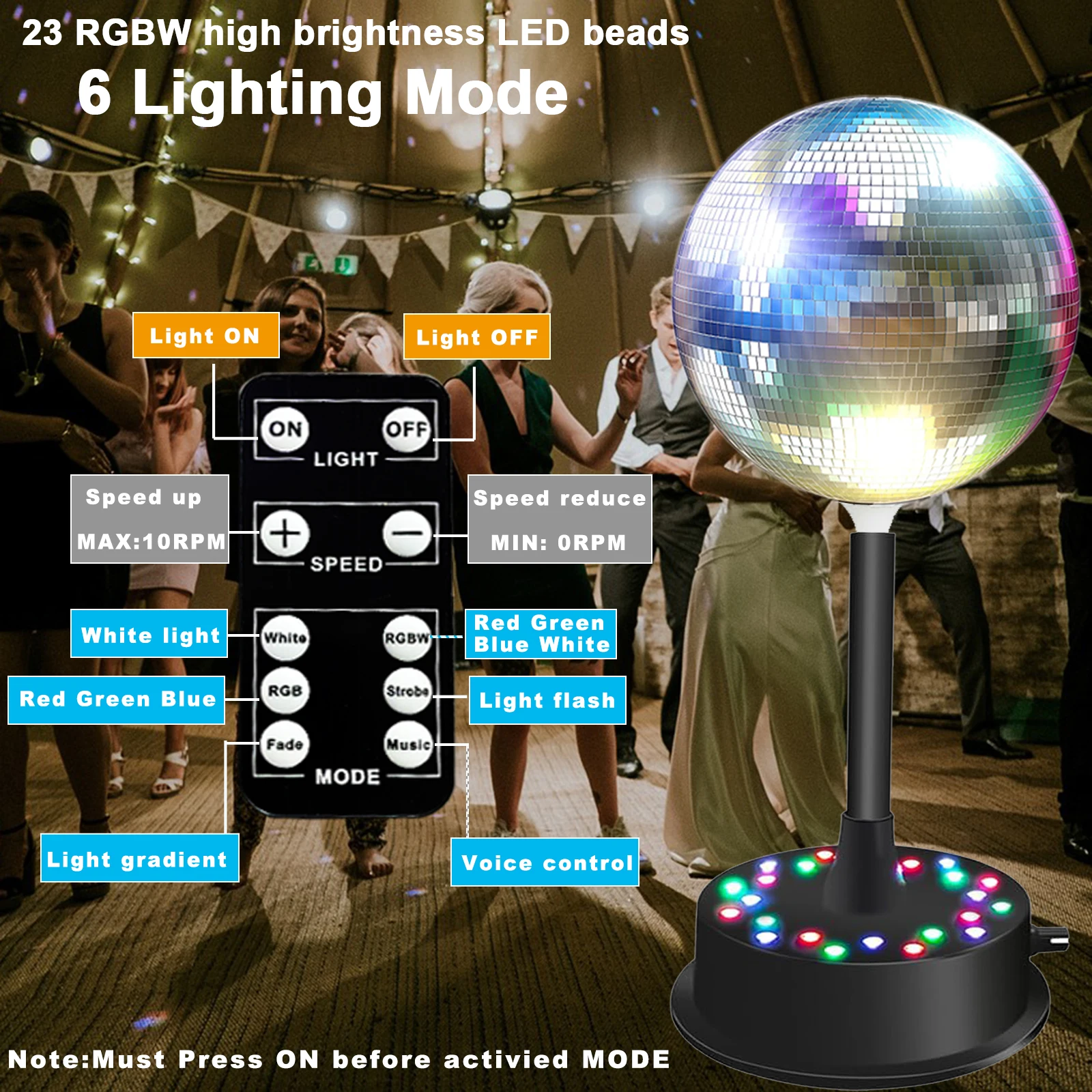 كرة مرايا مع جهاز تحكم عن بعد، 23 RGBW LED محرك دوار قابل للتعديل 5-10 دورة في الدقيقة مع كرة مرآة فضية 6 بوصة